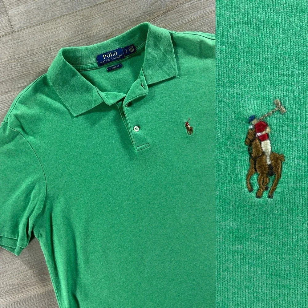 Polo Ralph Lauren Green Small Interlock Polo Shirt Classic Fit Flesh Pony